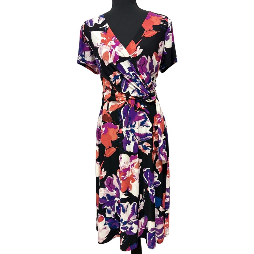 Lauren Ralph Lauren Floral Faux Wrap Below Knee Dress Ring Detail Size 6